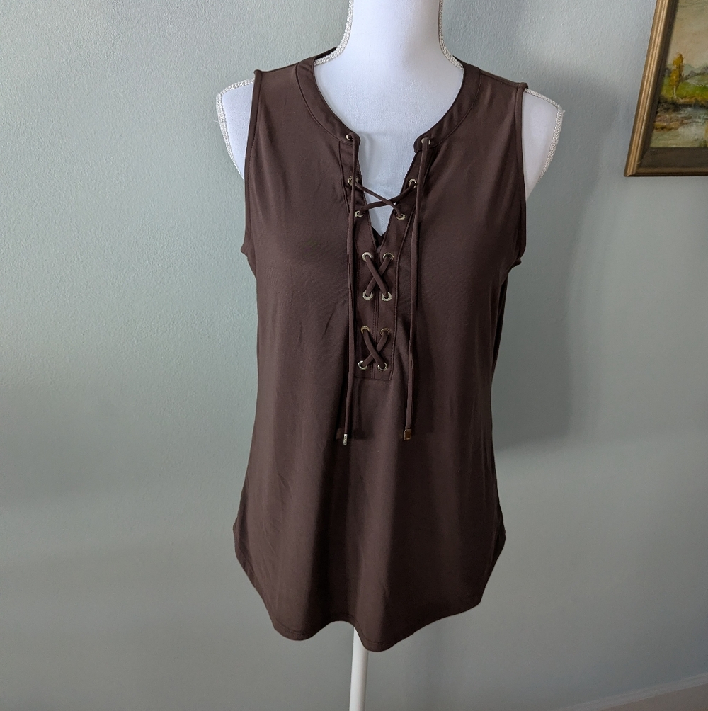 White House Black Market Women's Medium Brown Lace-Up Tank Top Sleeveless